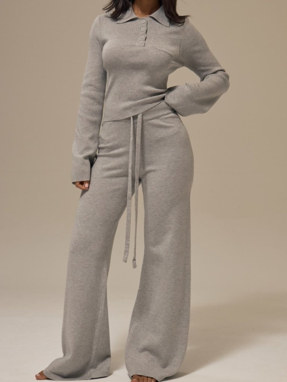 Light Grey Casual Women's Drawstring Ribbed Elastic Waistband Wide Leg Joggers